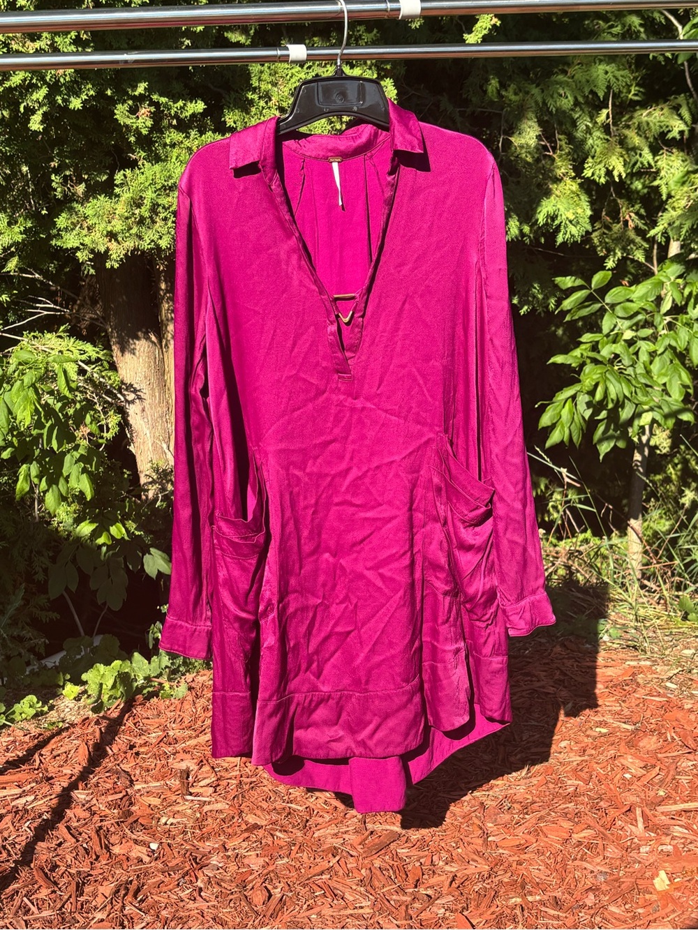 Free People Magenta Plum Long Sleeve V-Neck Swing‎ Tunic Dress pockets oversized